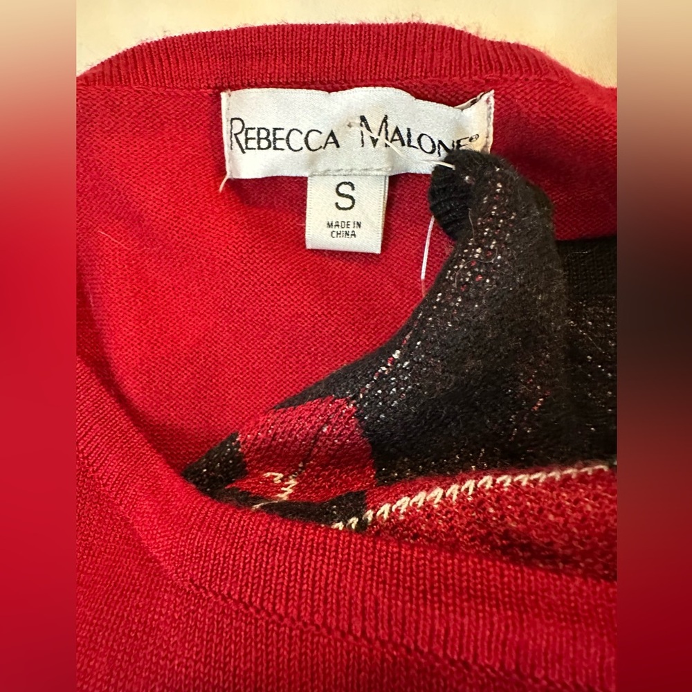 Festive Garnet Plaid Trim Sweater Top Red Black Argyle Scarf Detail Women’s S - Picture 6 of 8